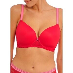 NWT Freya Offbeat Moulded Demi Bra T Shirt Bra Red Pink Lace Trim Size 34D‎